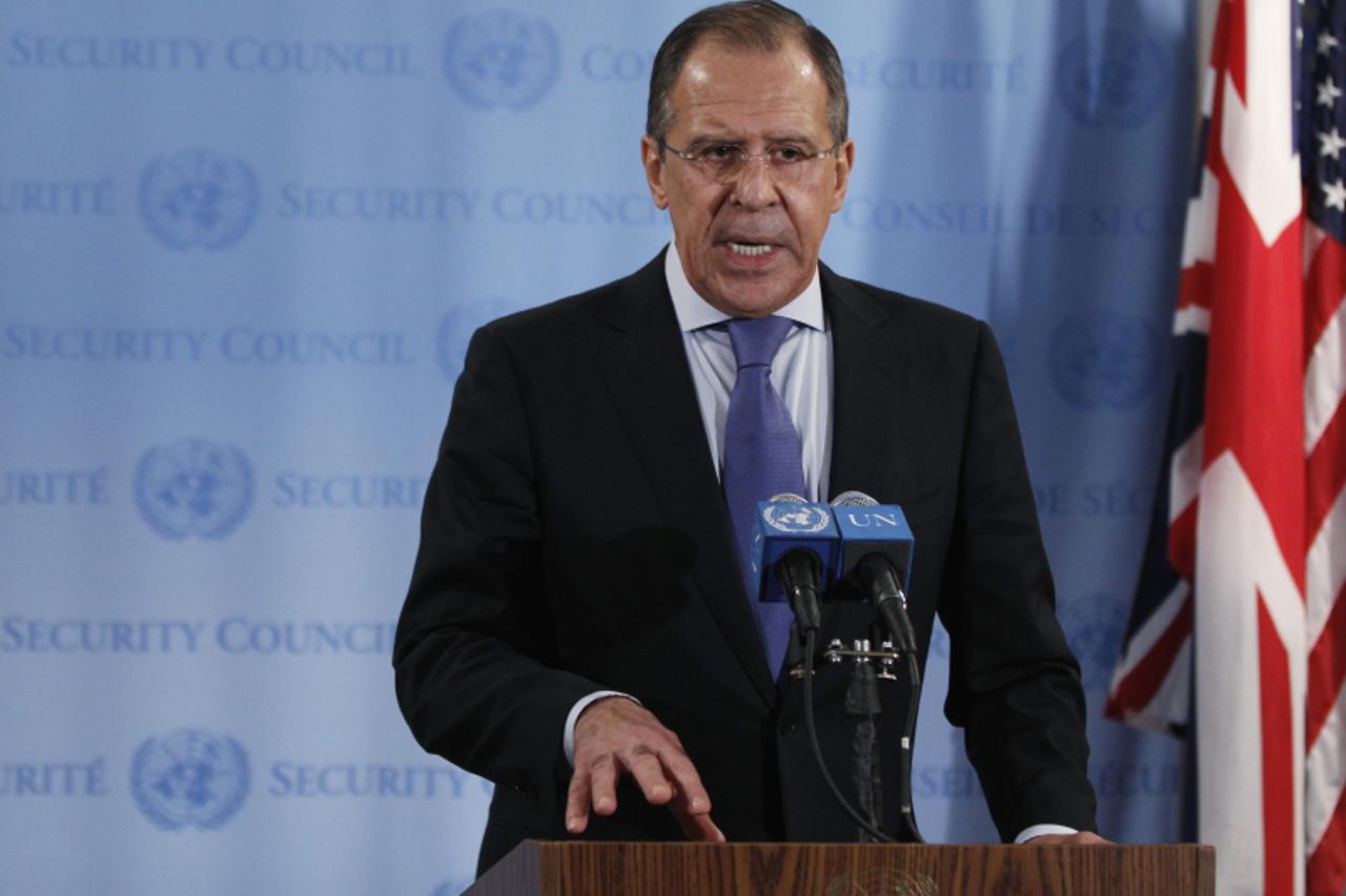 'Russian Foreign Minister Sergey Lavrov speaks following a Security Council meeting regarding the current situation in the Middle East at UN Headquarters in New York March 12, 2012.  REUTERS/Lucas Jac