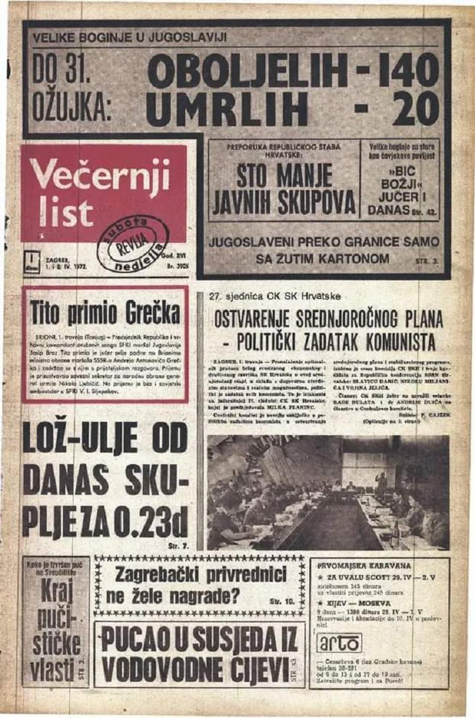 naslovnica večernjaka 1972.